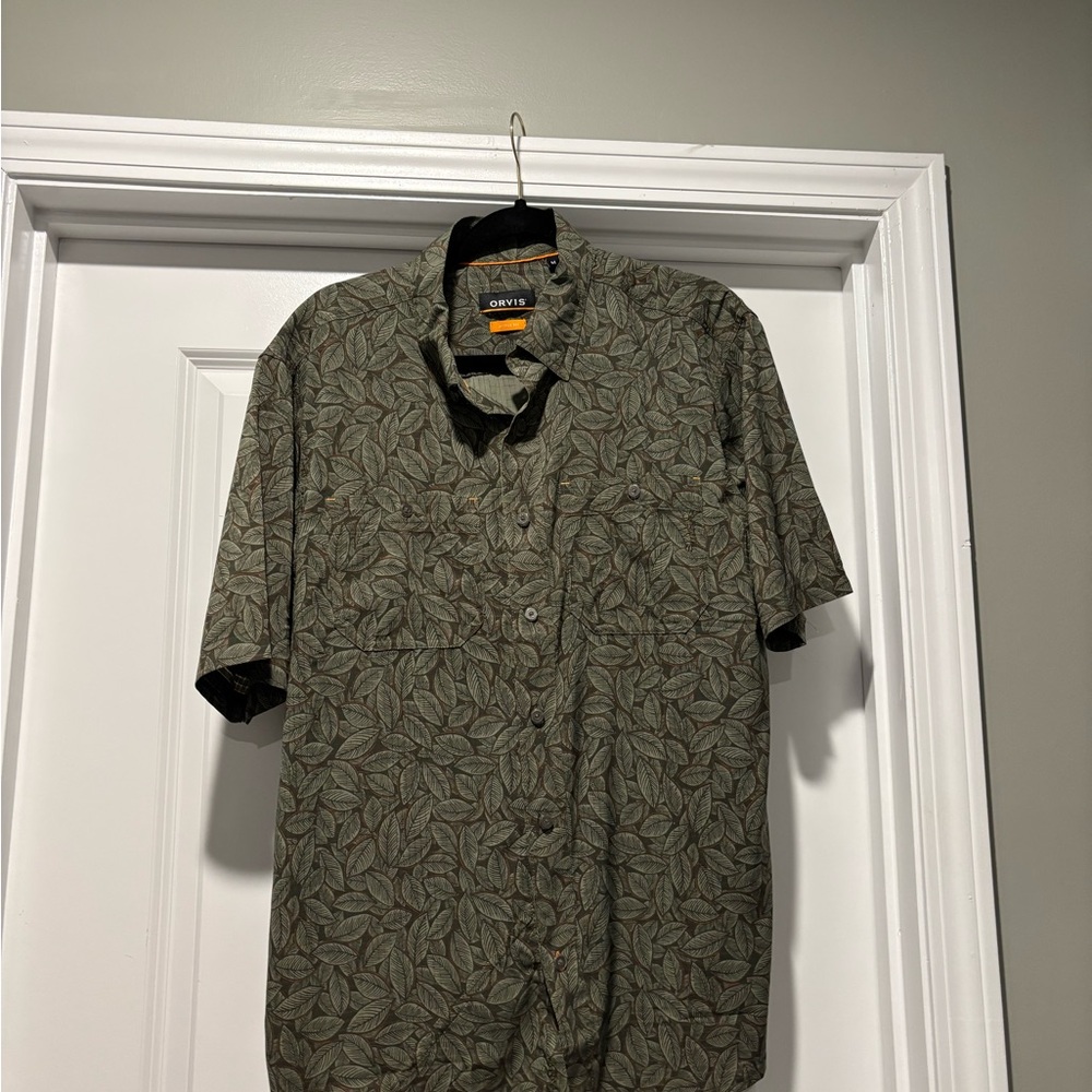 Orvis Active Fit Shirt Men’s M Green Floral Leaf Hawaiian Performance Beach